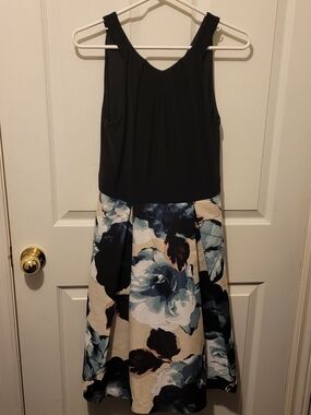 le chateau Black Bodice with Blue & Cream Floral Midi Dress